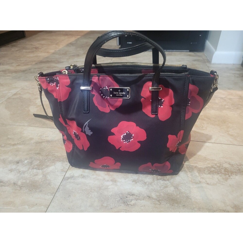Large Kate Spade Black Purse Red Poppies